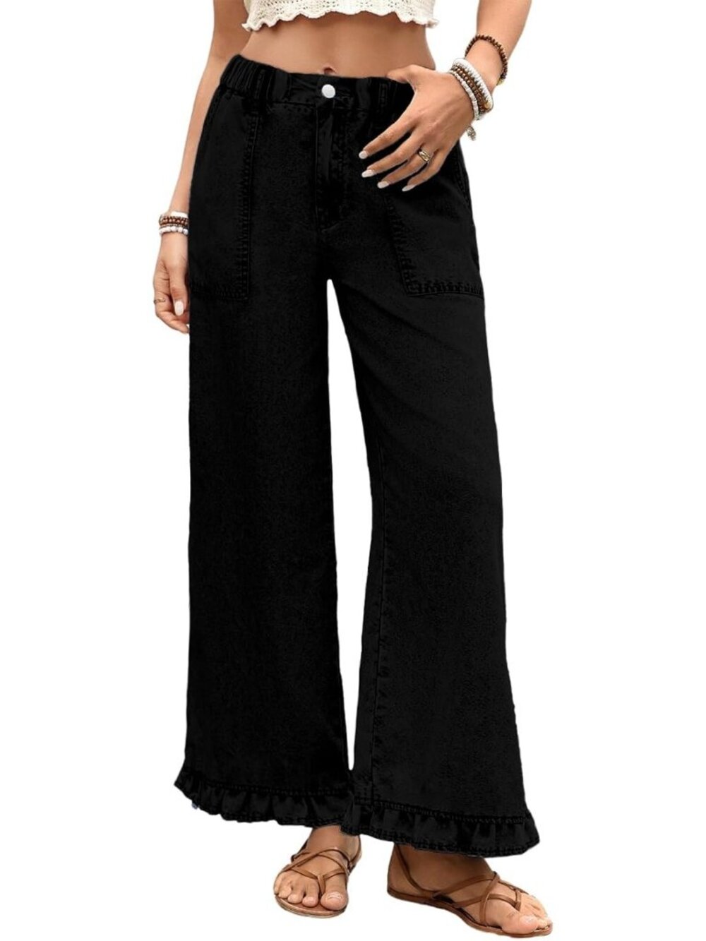 Women's Black Ruffle Hem Pants High Waisted Baggy Elastic Wide Leg Jean